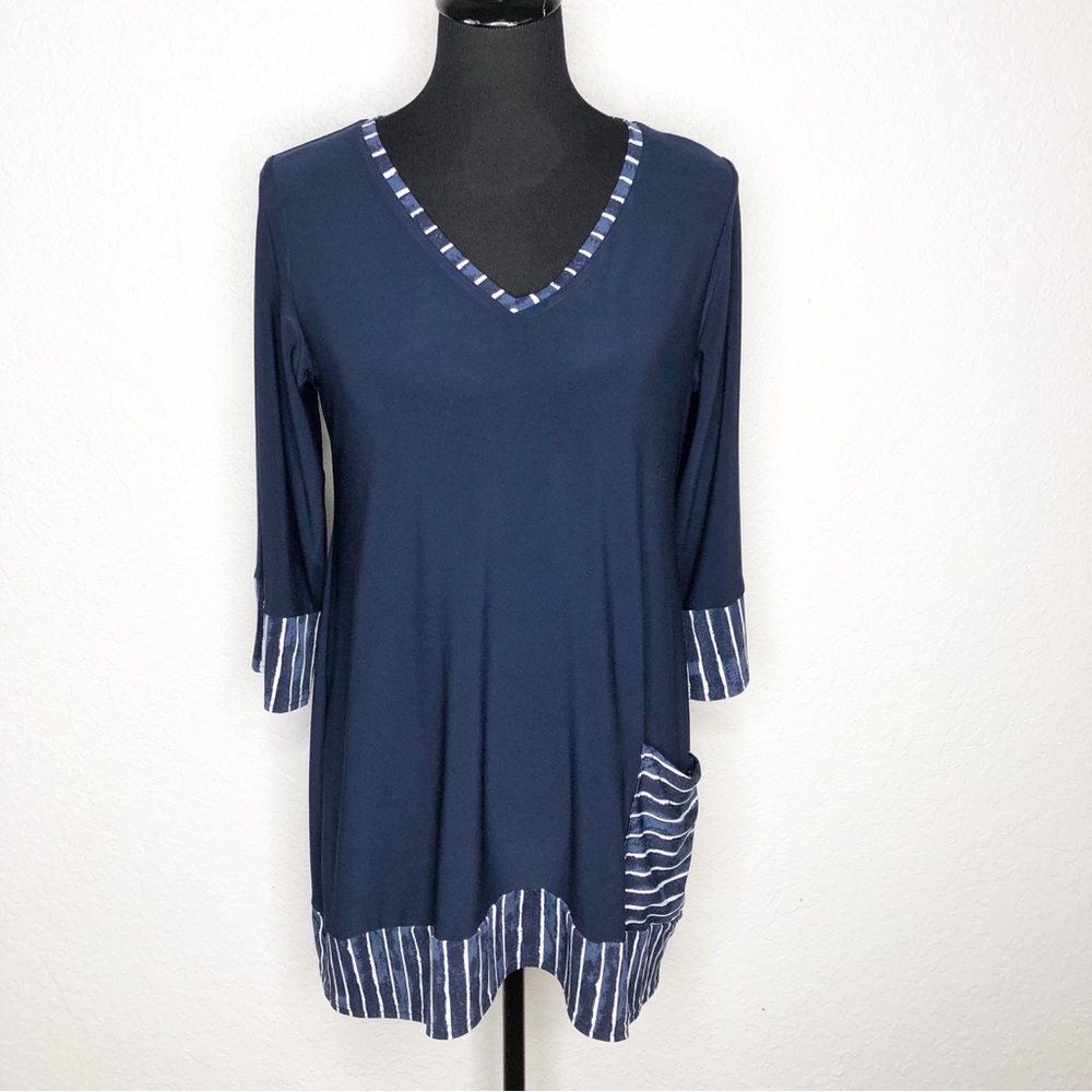 Sympli navy blue white striped v neck tunic top size 6